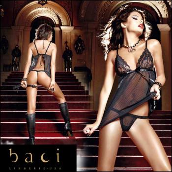 スリップ/ベビードール/Gストリング/小悪魔系水玉メッシュ&レーススリップとGストリングの2点セット【BACI/バチランジェリー/ブラックレーベル】