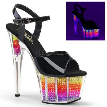 スチレットヒール 7 インチ (17.8 cm)、2 3/4 インチ (7 cm) プラットフォーム足首ストラップ サンダル特徴ネオン UV 反応性、シミュレートされたラインス トーンいっぱいプラットフォーム