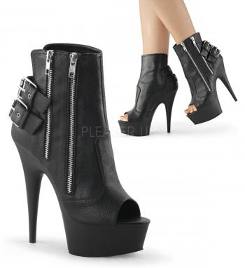 6 インチ (15.2 cm) スチレットヒール、1 3/4 インチ (4.5 cm) プラットフォームのぞき見つま先足 Bootie かかと・足首、切欠軸隠しジップ ポケット、外側サイド、ダブル バックル ディテールの露出ダブル ジッパー付き