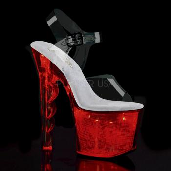 プラットフォームの下で挿入は、7 インチ (178 mm) スカラップかかと、3 1/4 インチ (83 mm) プラットフォーム USB 有料 LED ライトアップ アンクルス トラップ サンダル w/複数の静的/変更のカラー オプション ・ ライト設定とハッチング ホログラム