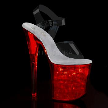 プラットフォーム下に 8 インチ (200 mm) かかと、4"(100 mm) プラットフォーム USB 有料 LED ライトアップ アンクルス トラップ サンダル w/複数の静的/変更のカラー オプション ・ ライト設定とハッチング ホログラムを挿入します