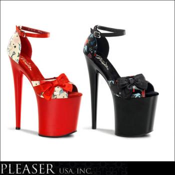 厚底サンダル/タトゥープリント&りぼんアクセントスーパー厚底アンクルストラップサンダル(ヒール高さ8インチ)【プリーザー/Pleaser】