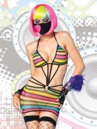 ネット素材のレインボーカラーストラップワンピース/ミニドレス【レッグアベニューレイブウェア/Leg Avenue Rave Wear】