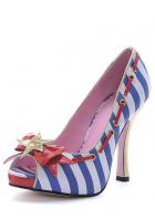 【Leg Avenue Shoes（レッグアベニューシューズ）】涼しげセーラー♪スターリボン付きストライプヒールサンダルパンプス（約10センチヒール）