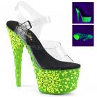 7 インチ (17.8 cm) スチレットヒール、2 3/4 インチ (7 cm) プラットフォーム アンクルス トラップ サンダル プラットフォームで Blacklight 敏感なスカル デザインが特徴