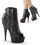 6 インチ (15.2 cm) スチレットヒール、1 3/4 インチ (4.5 cm) プラットフォームのぞき見つま先足 Bootie かかと・足首、切欠軸隠しジップ ポケット、外側サイド、ダブル バックル ディテールの露出ダブル ジッパー付き